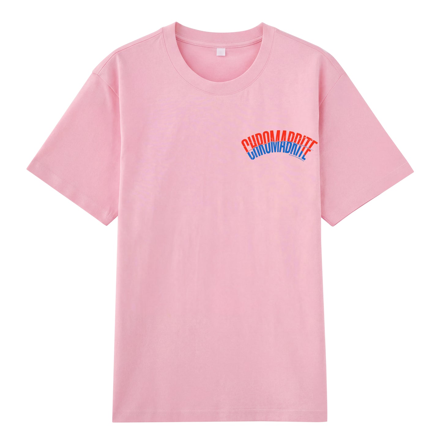 Detail view of pink t恤 featuring Arc Narrative Wordmark Staple Tee