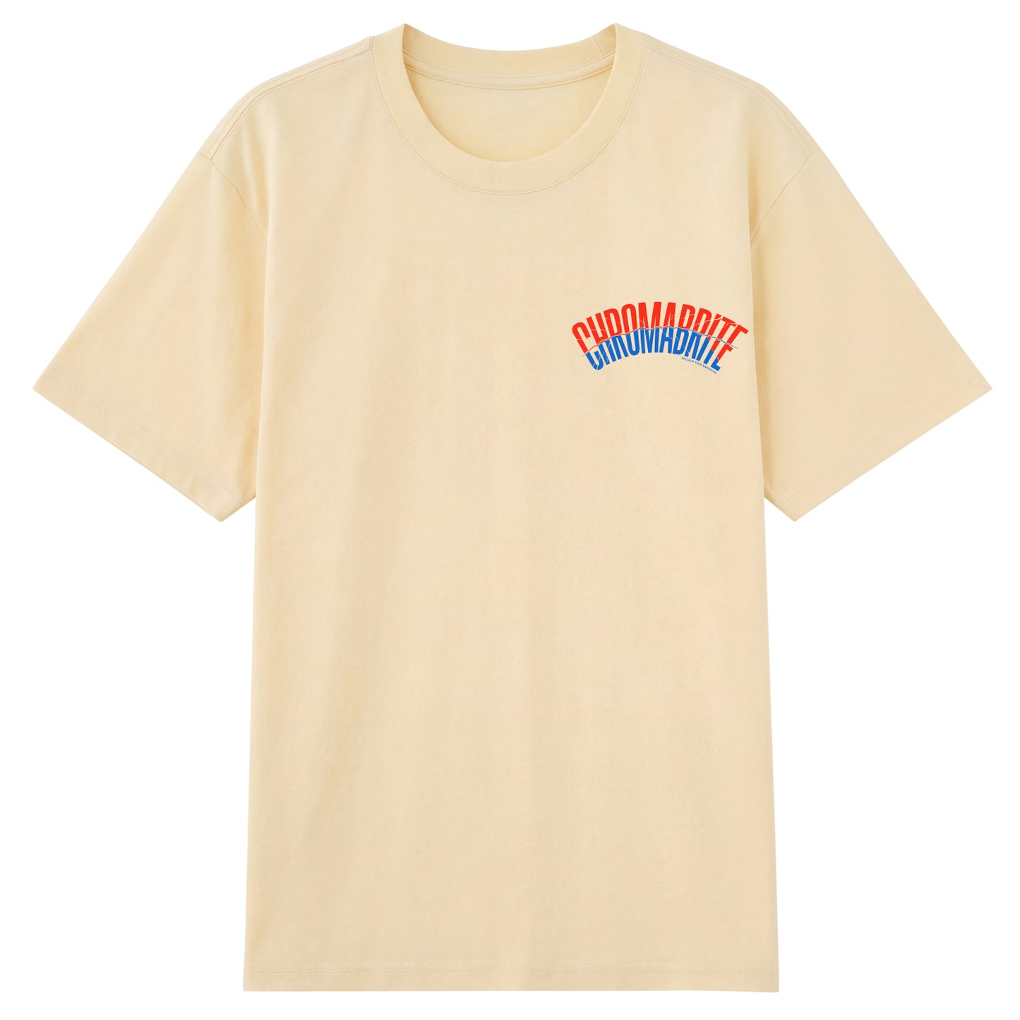 Detail view of cream t恤 featuring Arc Narrative Wordmark Staple Tee