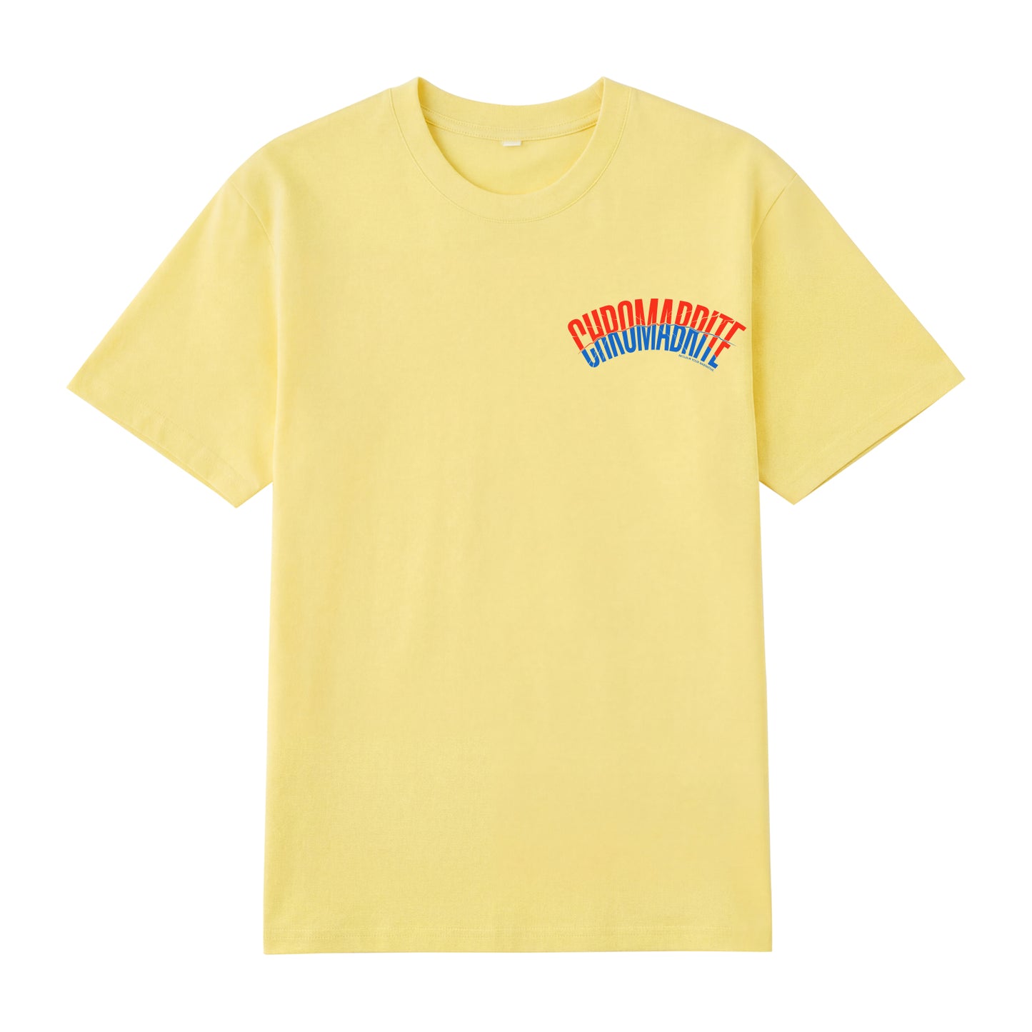 Detail view of yellow t恤 featuring Arc Narrative Wordmark Staple Tee