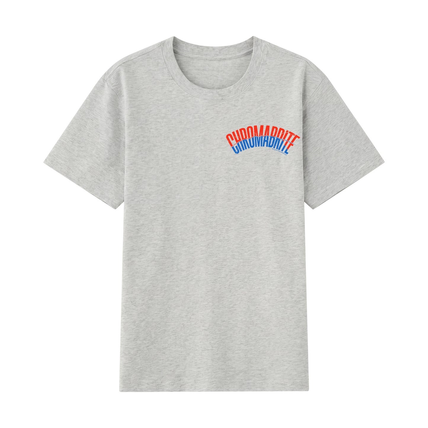 Detail view of gray t恤 featuring Arc Narrative Wordmark Staple Tee