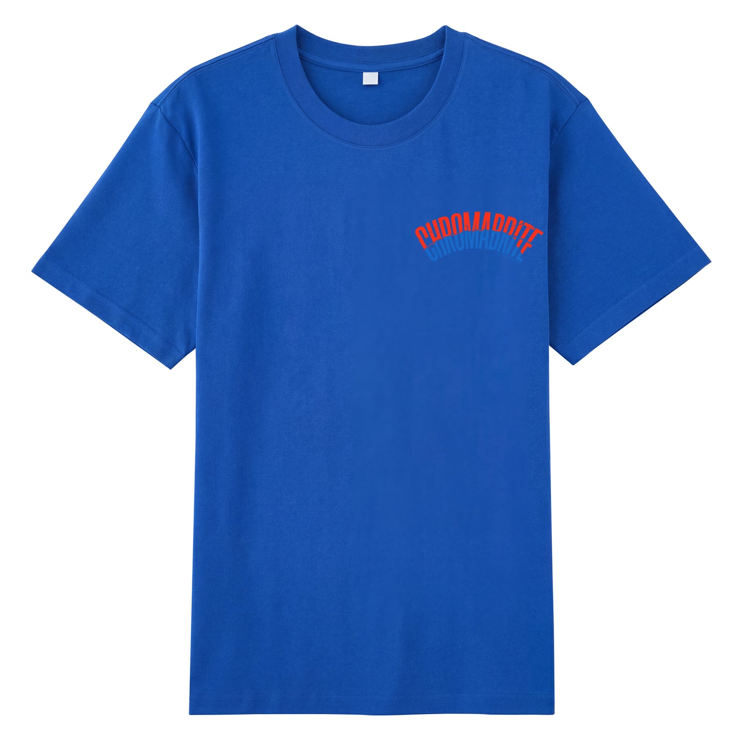 Detail view of blue t恤 featuring Arc Narrative Wordmark Staple Tee