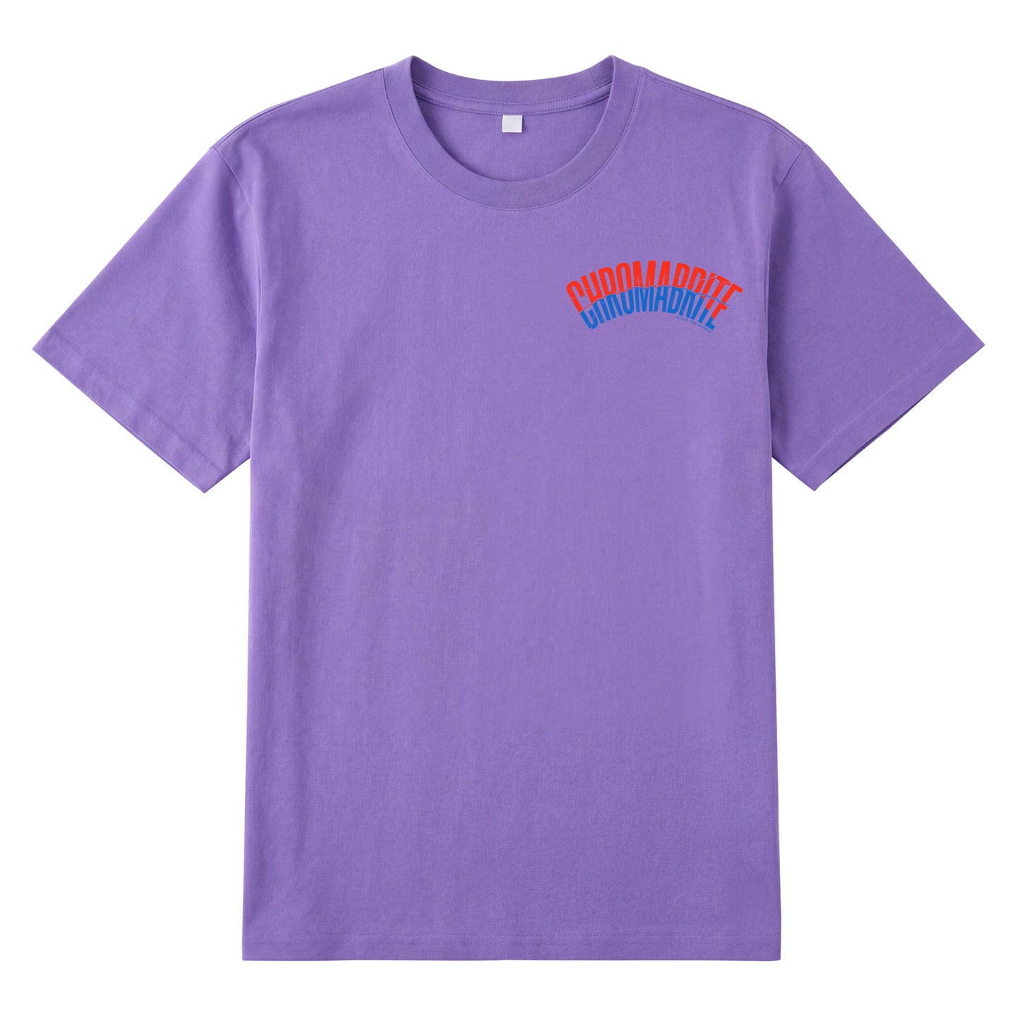 Detail view of purple t恤 featuring Arc Narrative Wordmark Staple Tee