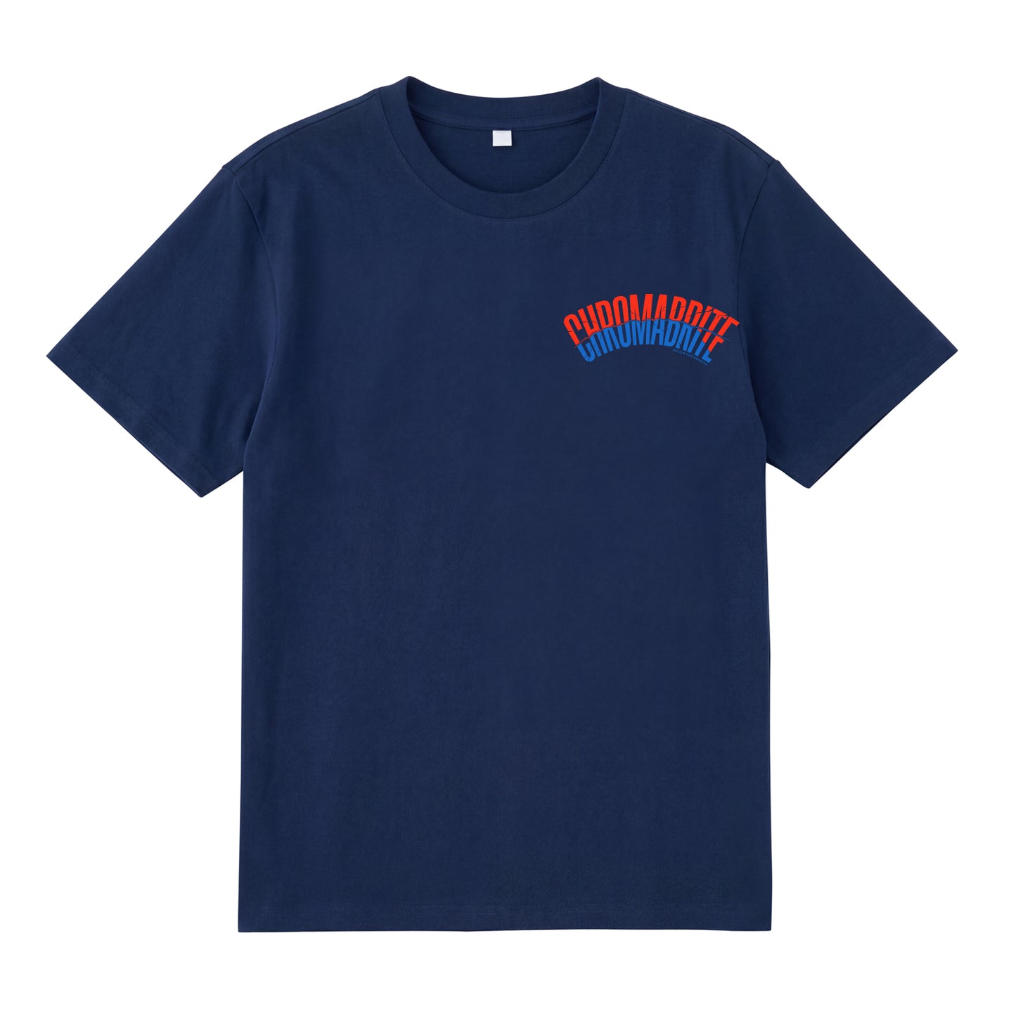 Detail view of navy t恤 featuring Arc Narrative Wordmark Staple Tee