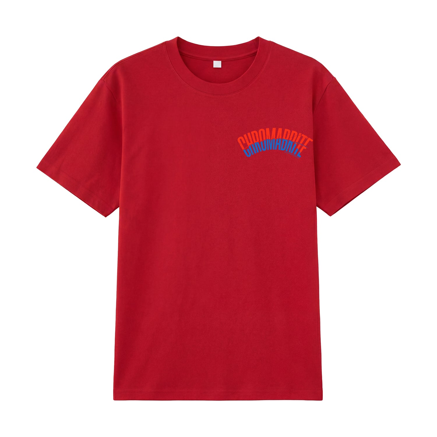 Detail view of red t恤 featuring Arc Narrative Wordmark Staple Tee