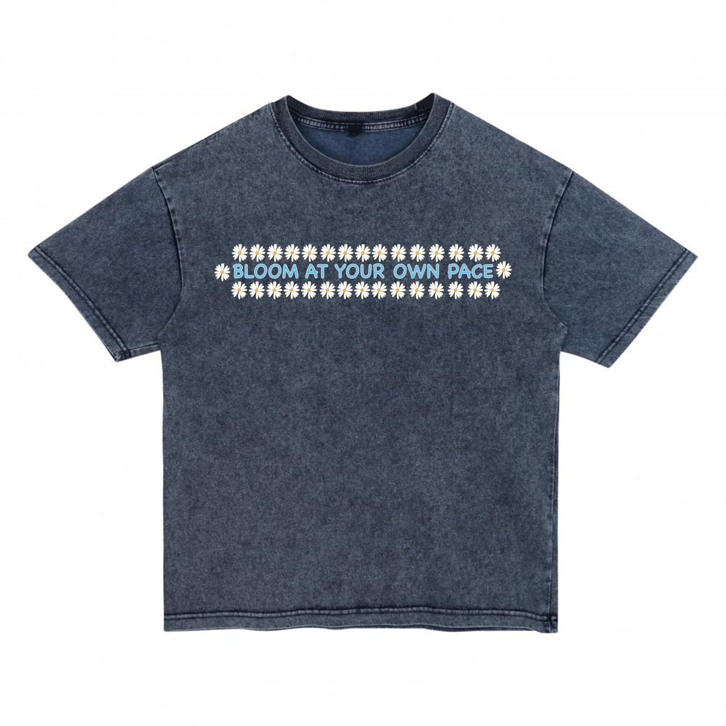 Front view of blue t恤 featuring BLOOM AT YOUR OWN PACE Denim Washed Tee