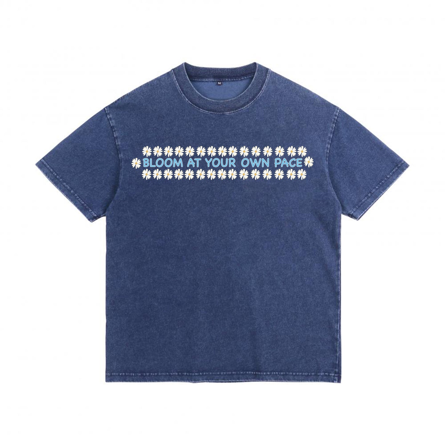 Front view of blue t恤 featuring BLOOM AT YOUR OWN PACE Denim Washed Tee - 展示2