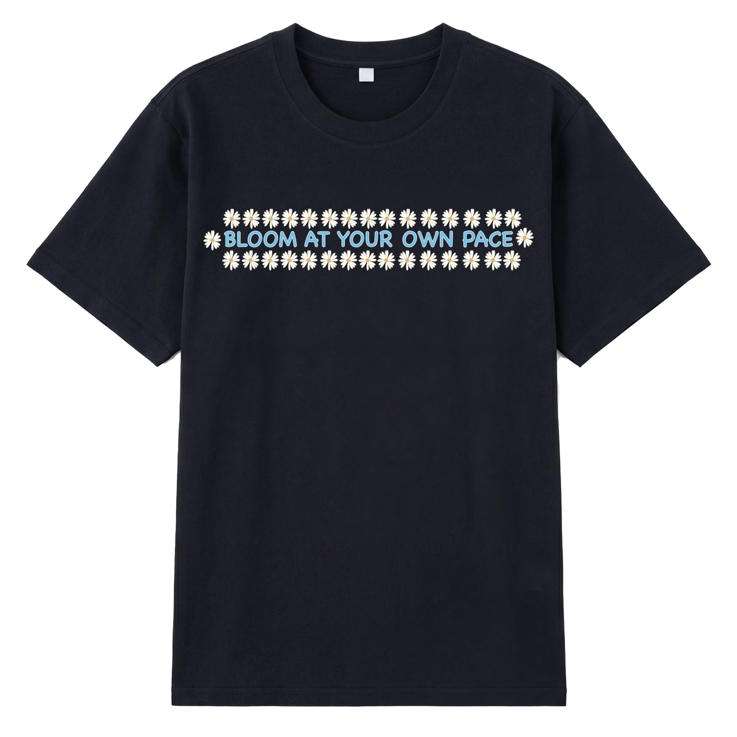 Detail view of black t恤 featuring BLOOM AT YOUR OWN PACE Staple Tee
