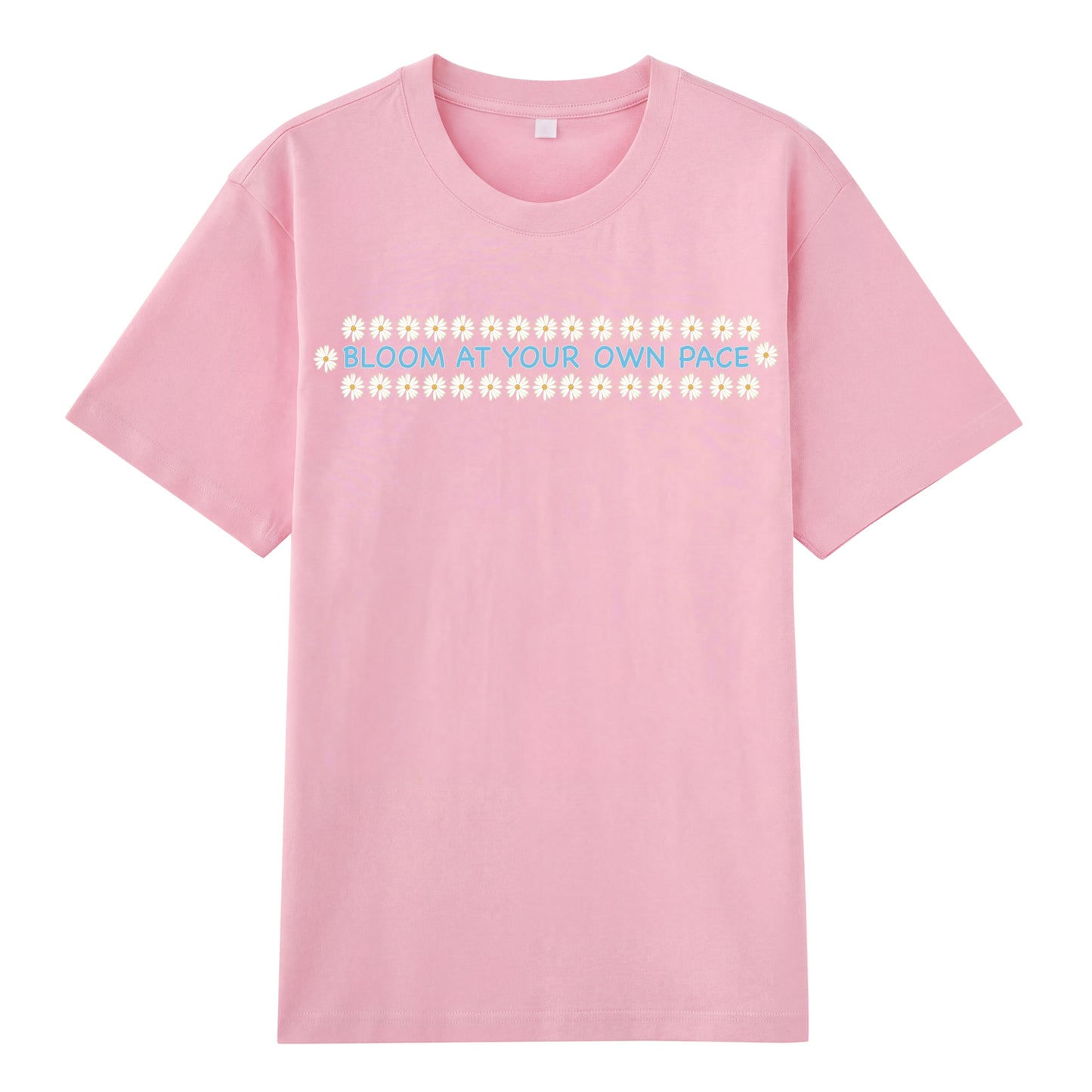 Detail view of pink t恤 featuring BLOOM AT YOUR OWN PACE Staple Tee