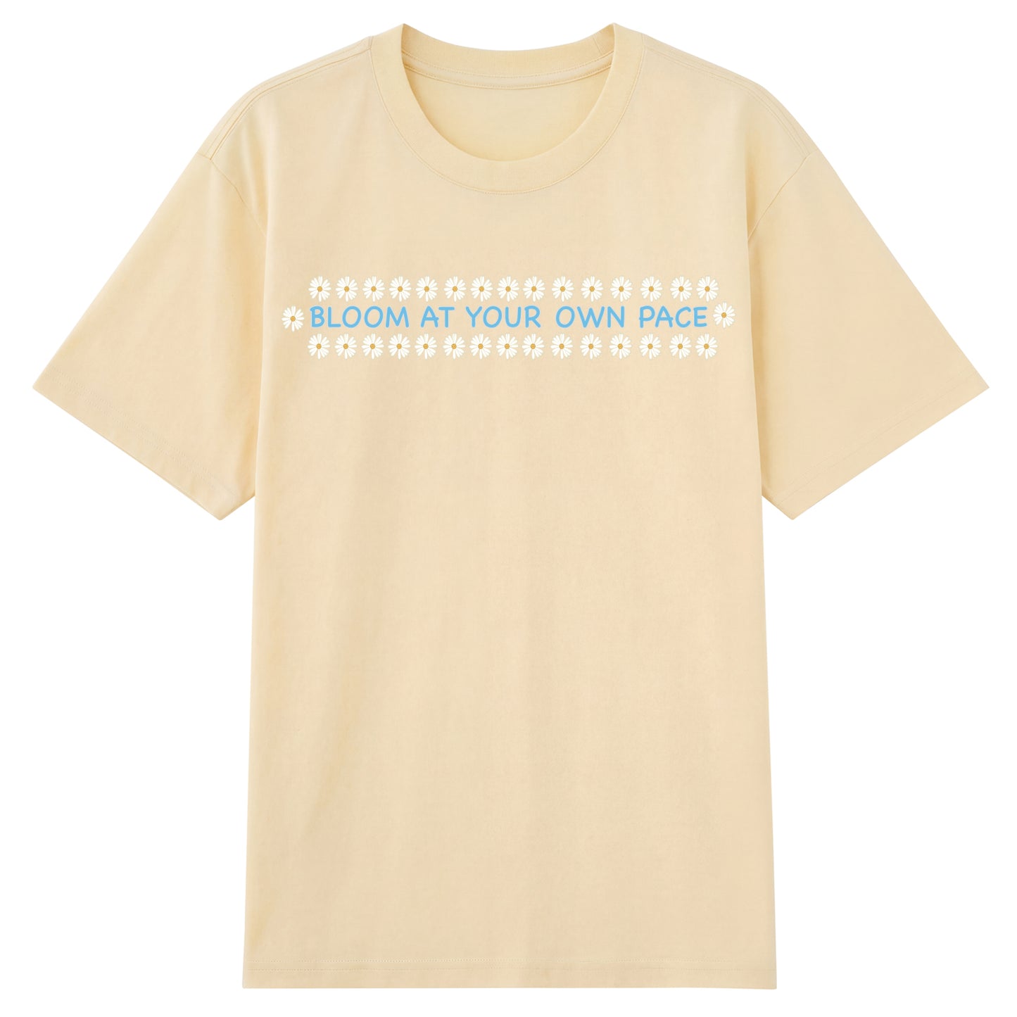 Detail view of cream t恤 featuring BLOOM AT YOUR OWN PACE Staple Tee