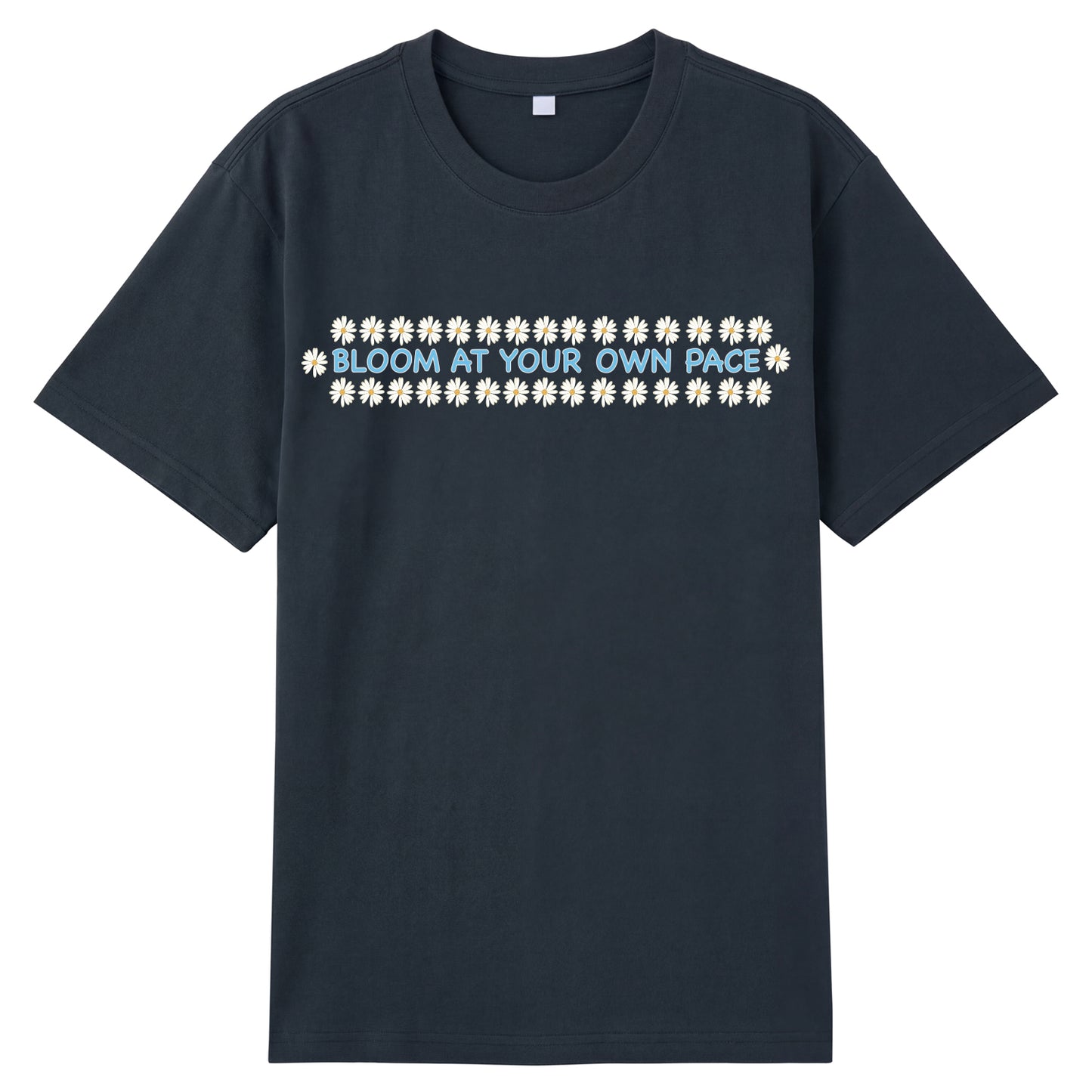 Detail view of gray t恤 featuring BLOOM AT YOUR OWN PACE Staple Tee