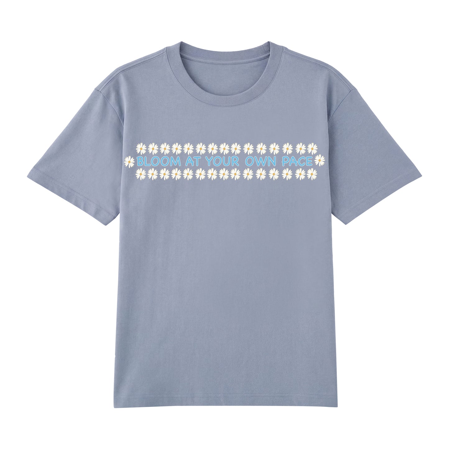 Detail view of blue t恤 featuring BLOOM AT YOUR OWN PACE Staple Tee