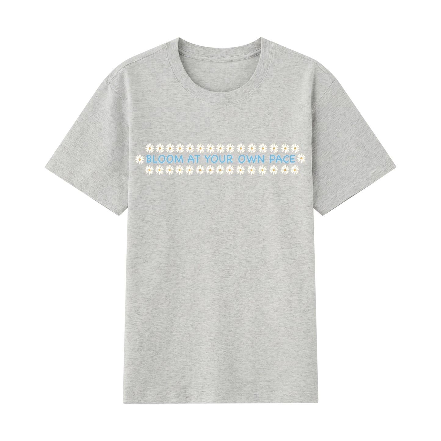 Detail view of gray t恤 featuring BLOOM AT YOUR OWN PACE Staple Tee