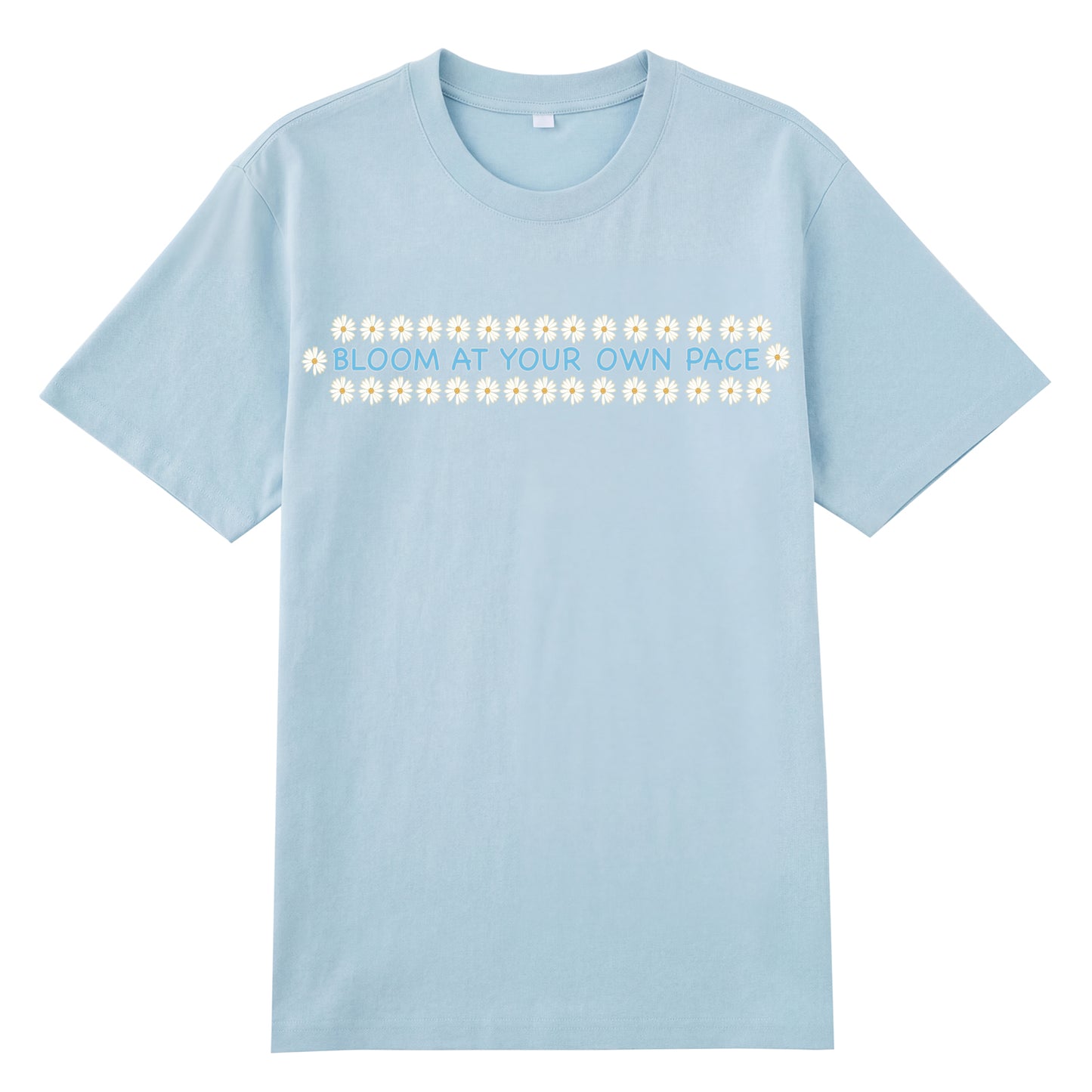 Detail view of blue t恤 featuring BLOOM AT YOUR OWN PACE Staple Tee