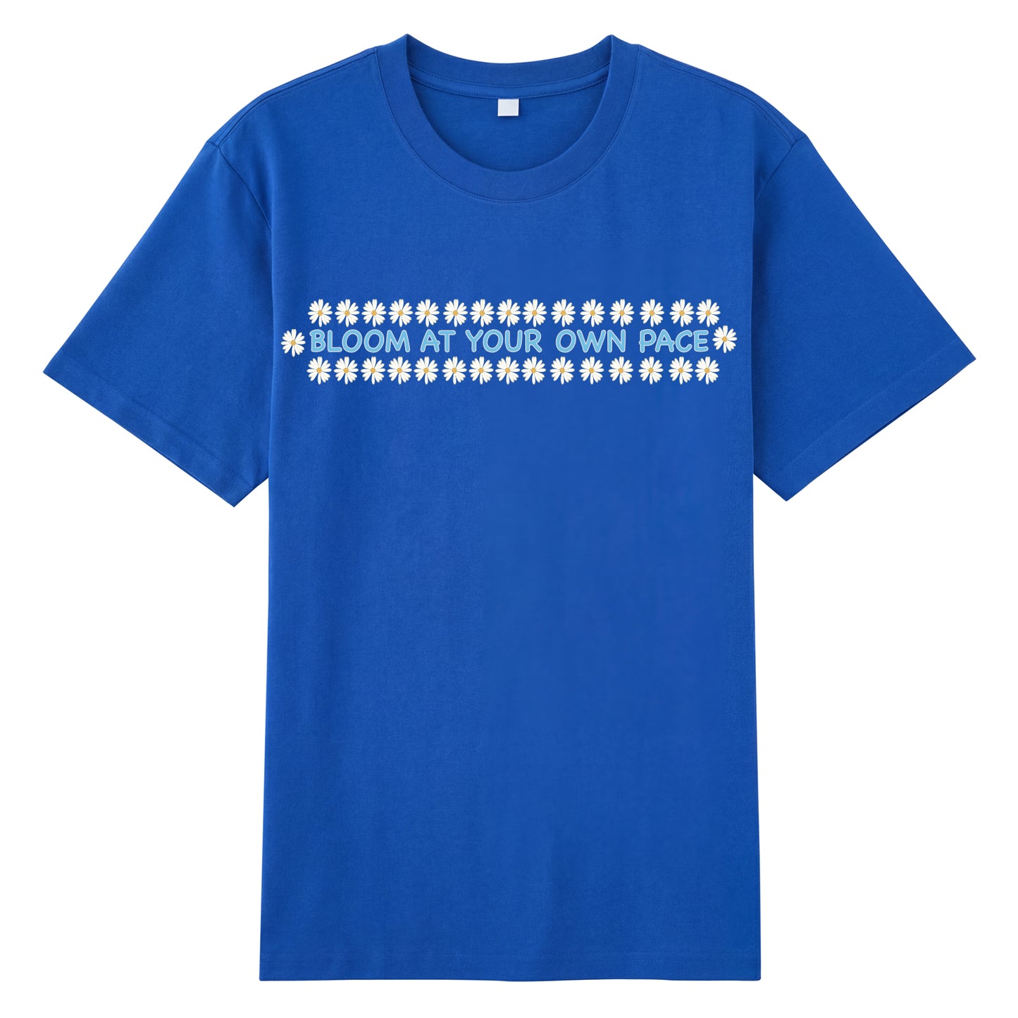 Detail view of blue t恤 featuring BLOOM AT YOUR OWN PACE Staple Tee