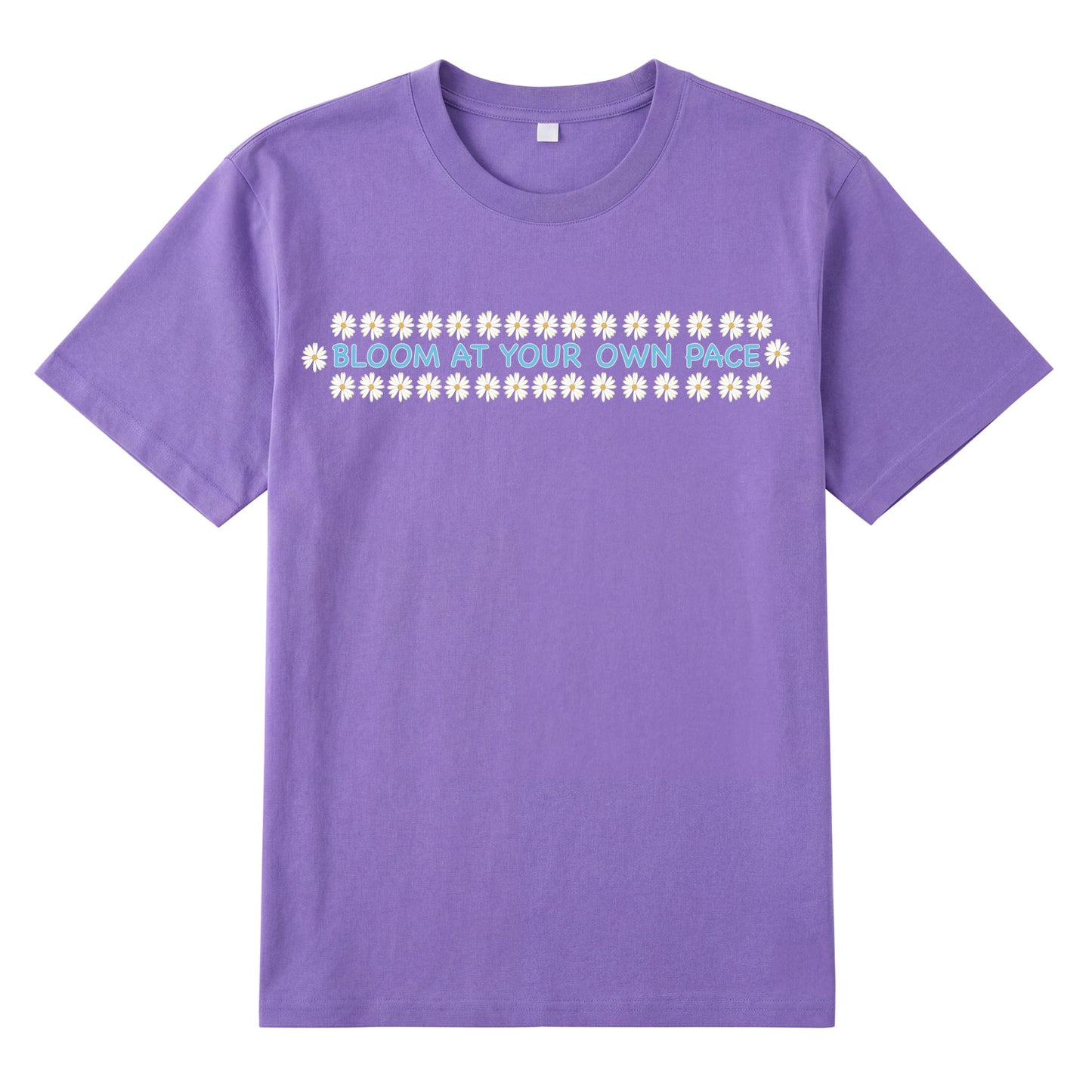 Detail view of purple t恤 featuring BLOOM AT YOUR OWN PACE Staple Tee