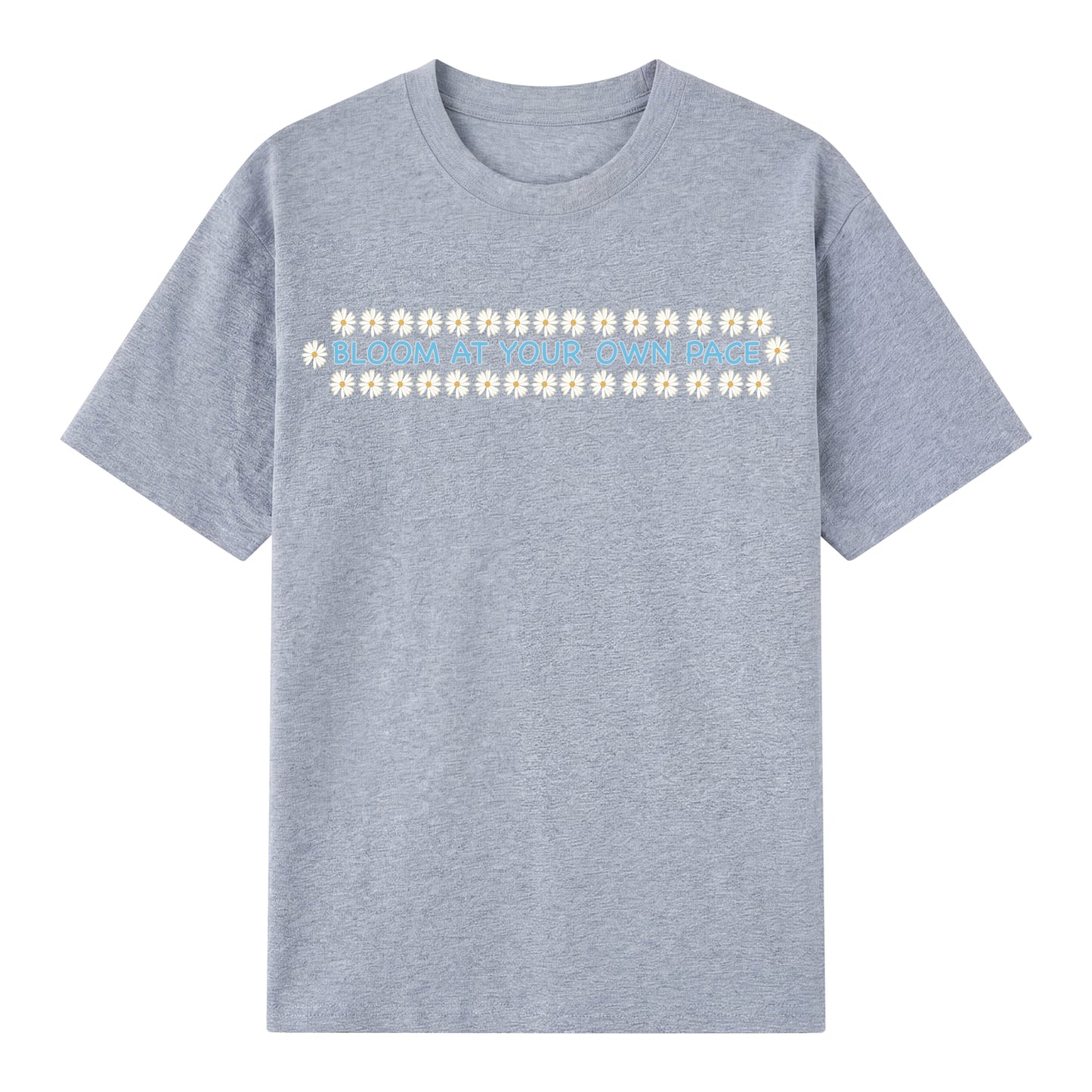 Detail view of gray t恤 featuring BLOOM AT YOUR OWN PACE Staple Tee