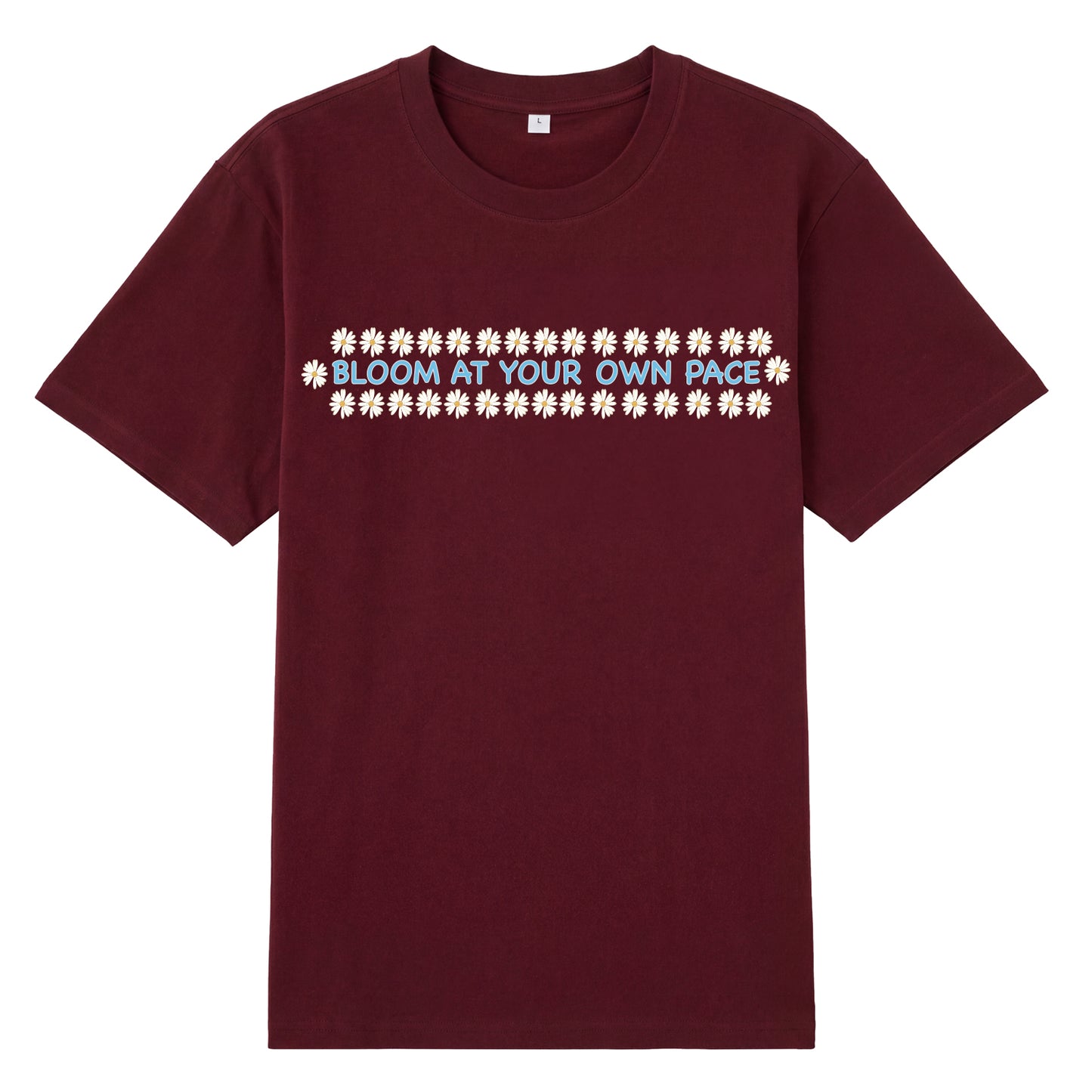 Detail view of red t恤 featuring BLOOM AT YOUR OWN PACE Staple Tee