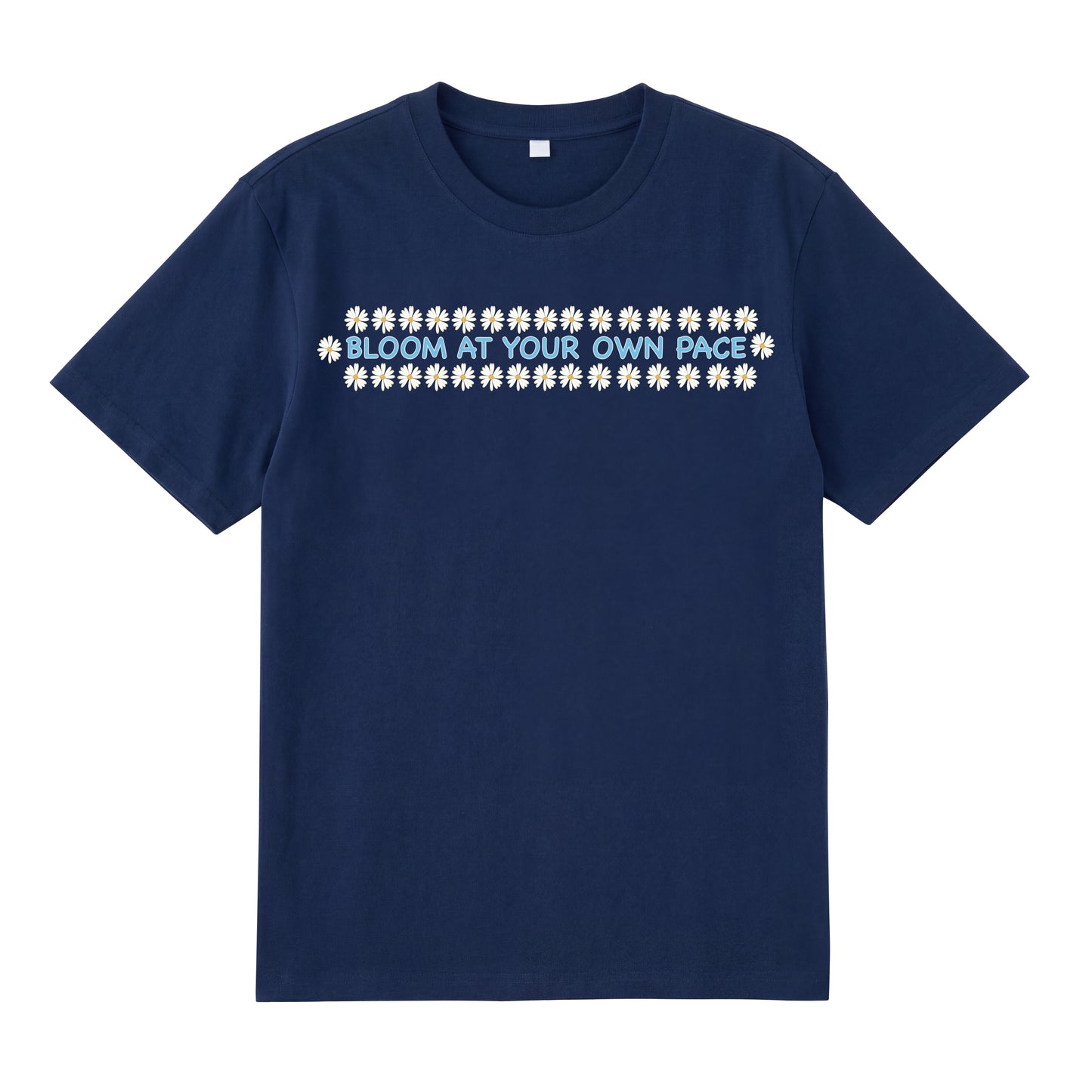 Detail view of navy t恤 featuring BLOOM AT YOUR OWN PACE Staple Tee