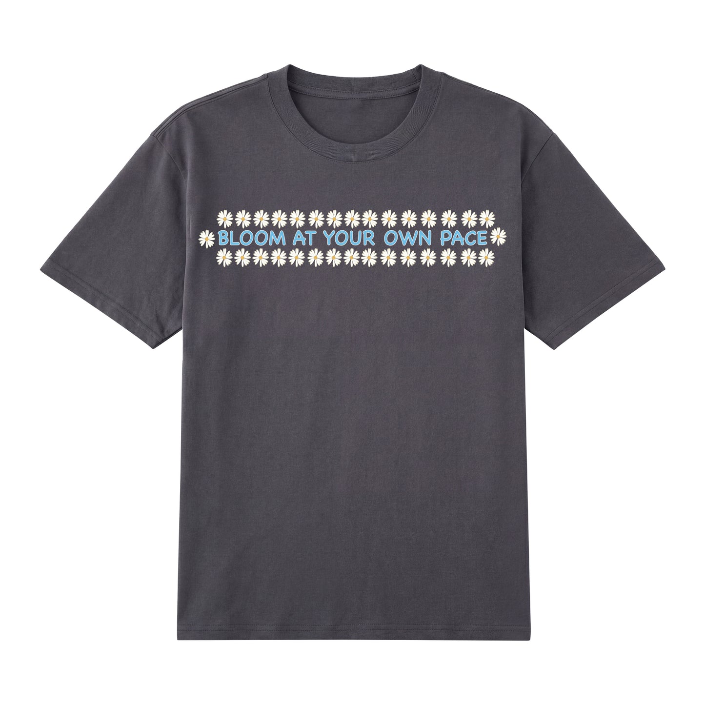 Detail view of gray t恤 featuring BLOOM AT YOUR OWN PACE Staple Tee