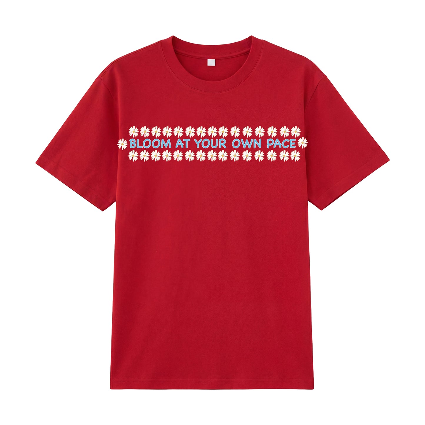 Detail view of red t恤 featuring BLOOM AT YOUR OWN PACE Staple Tee