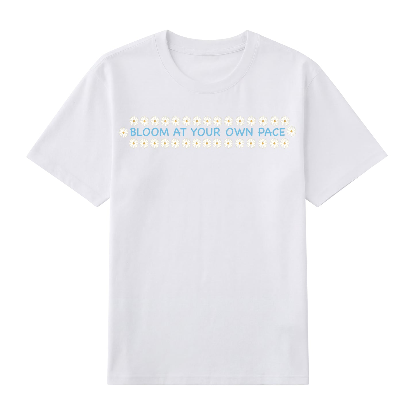 Detail view of white t恤 featuring BLOOM AT YOUR OWN PACE Staple Tee