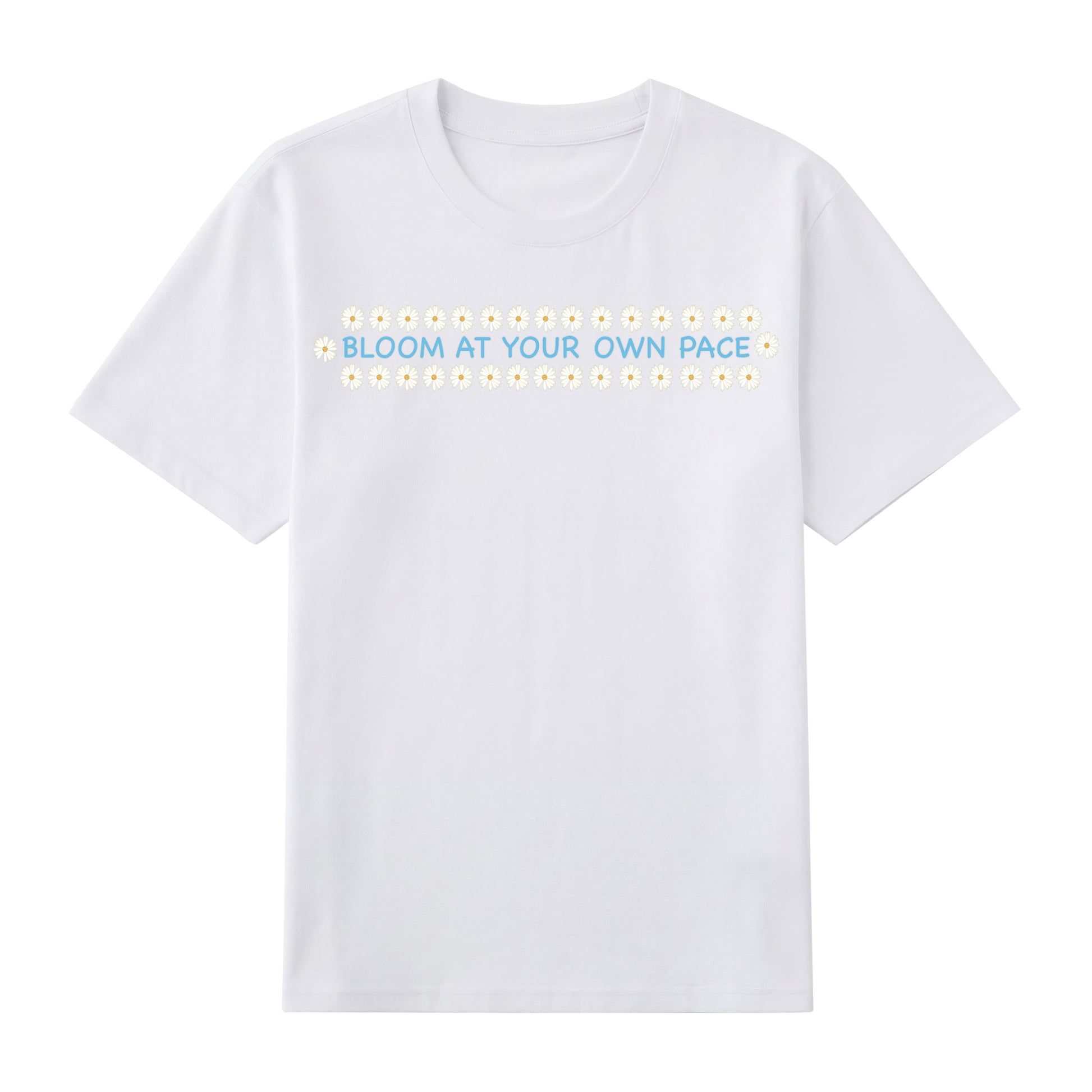 Detail view of white t恤 featuring BLOOM AT YOUR OWN PACE Staple Tee