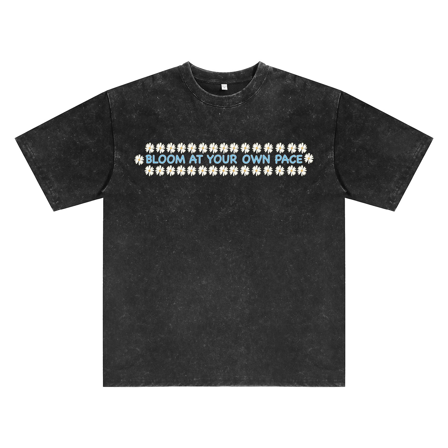 Detail view of black t恤 featuring BLOOM AT YOUR OWN PACE Vintage Tee