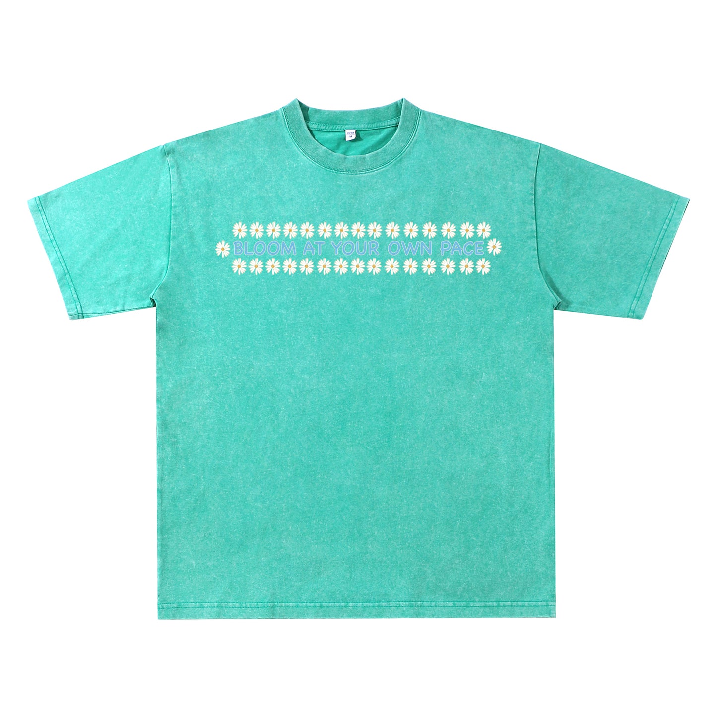 Detail view of green t恤 featuring BLOOM AT YOUR OWN PACE Vintage Tee
