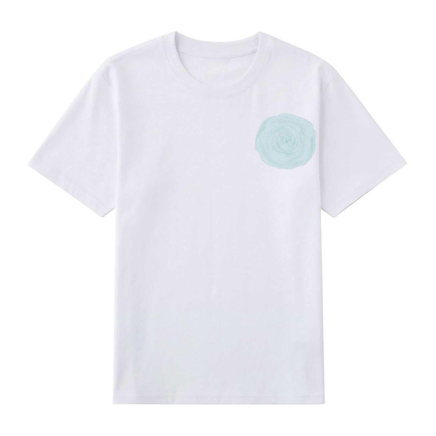Detail view of white t恤 featuring Blue Lace Bloom Staple Tee