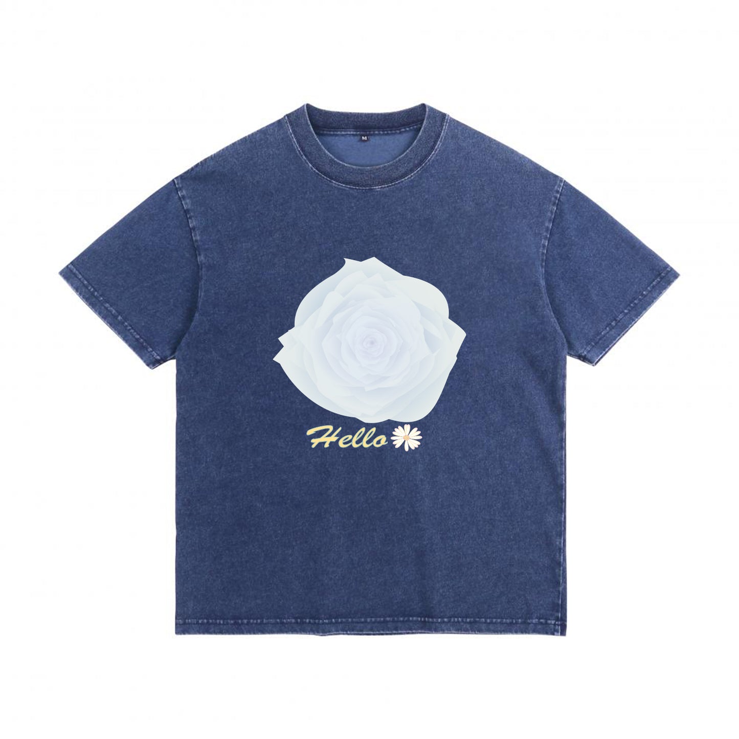Front view of blue t恤 featuring Blue Whisper Rose  Denim Washed Tee