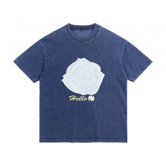 Front view of blue t恤 featuring Blue Whisper Rose  Denim Washed Tee