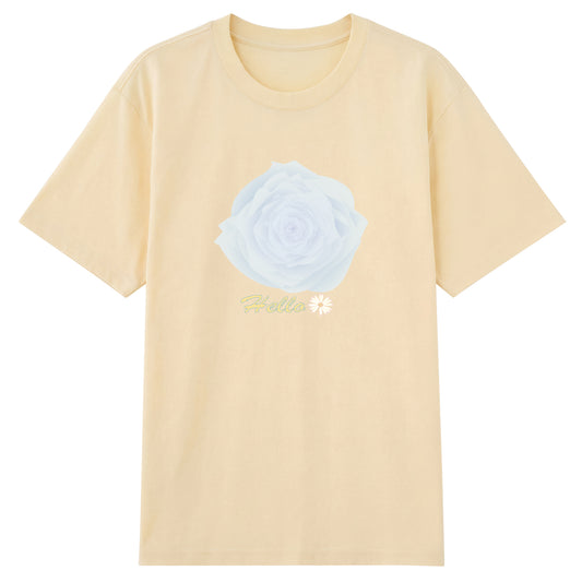 Front view of blue t恤 featuring Blue Whisper Rose  Staple Tee