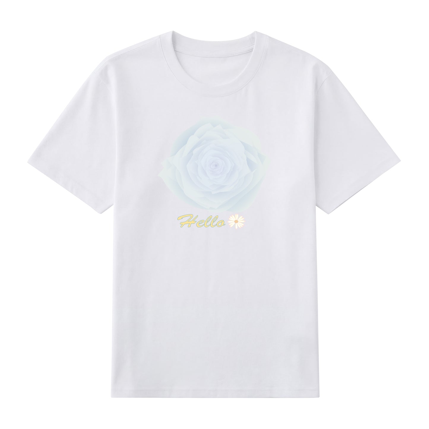Detail view of white t恤 featuring Blue Whisper Rose  Staple Tee