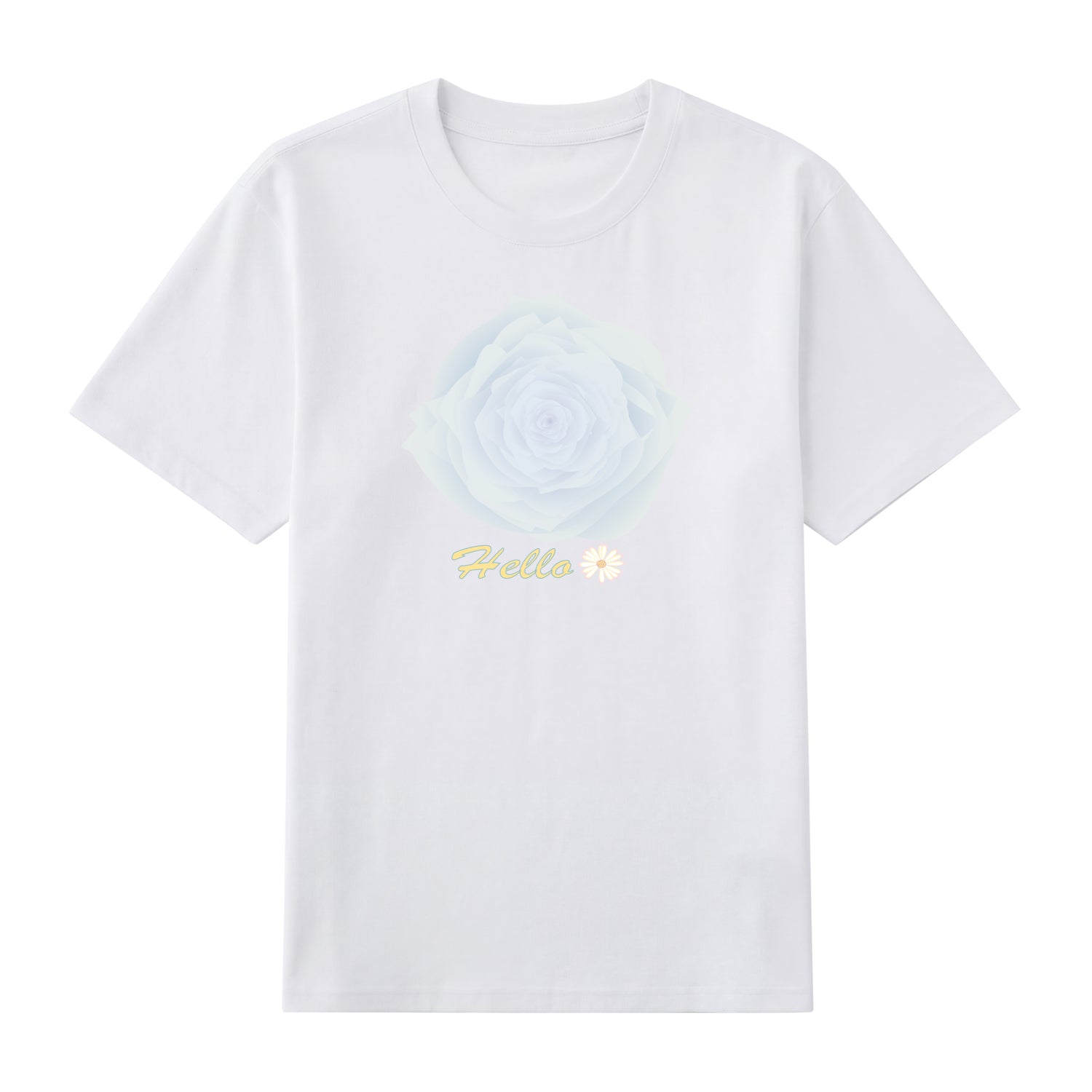 Detail view of white t恤 featuring Blue Whisper Rose  Staple Tee