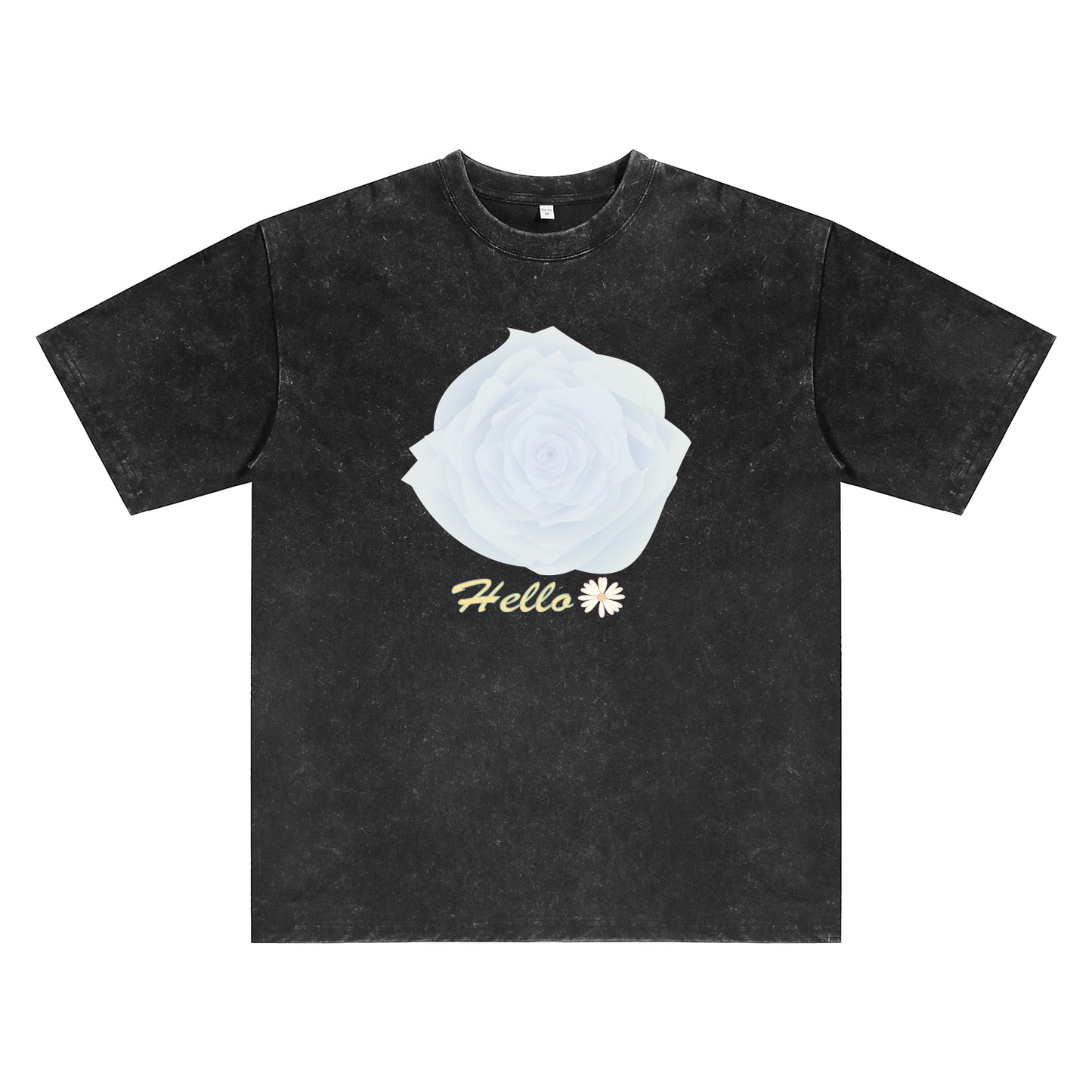 Detail view of black t恤 featuring Blue Whisper Rose Vintage Tee