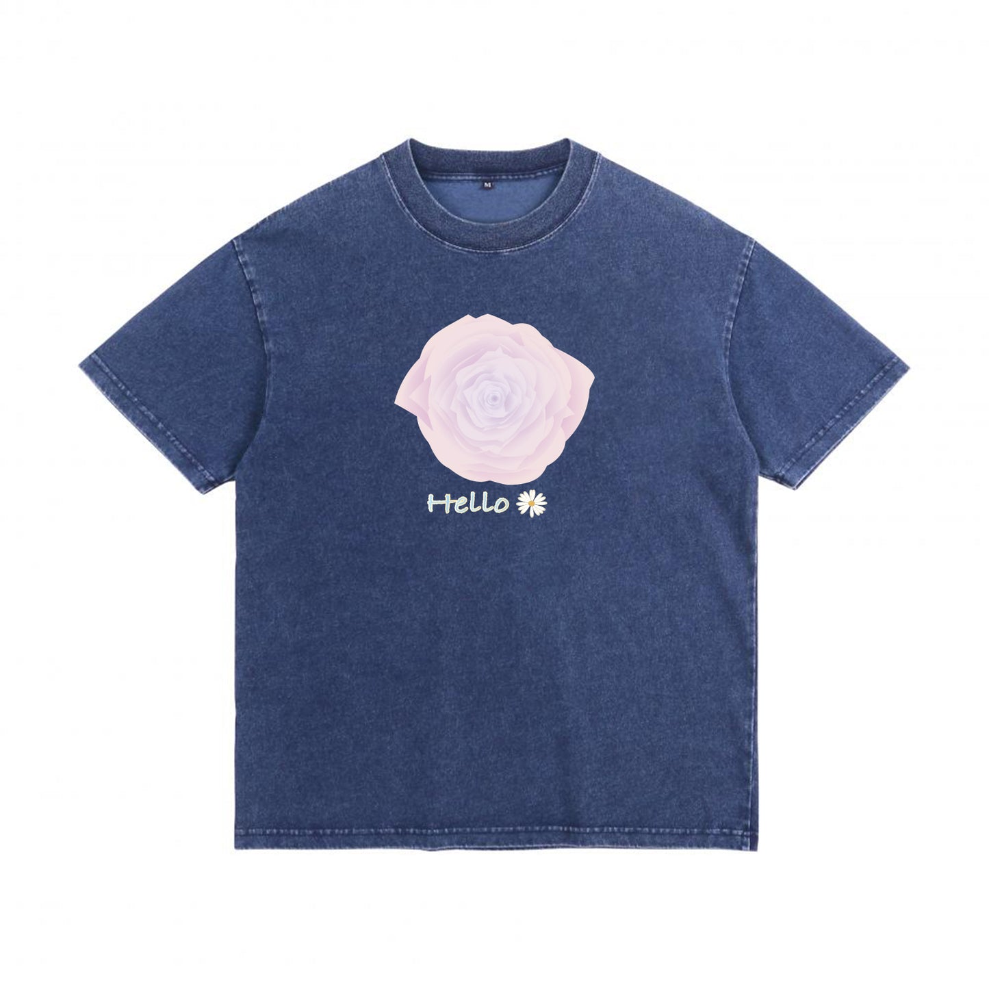 Front view of blue t恤 featuring Blush Whisper Rose Denim Washed Tee