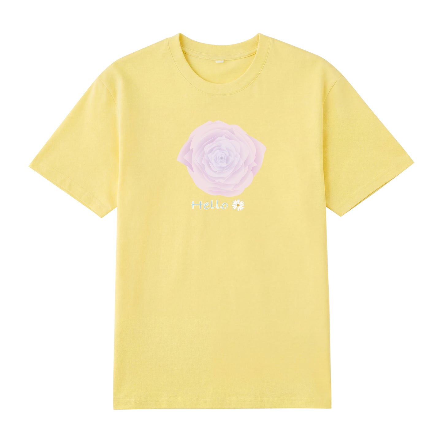 Detail view of yellow t恤 featuring Blush Whisper Rose Staple Tee