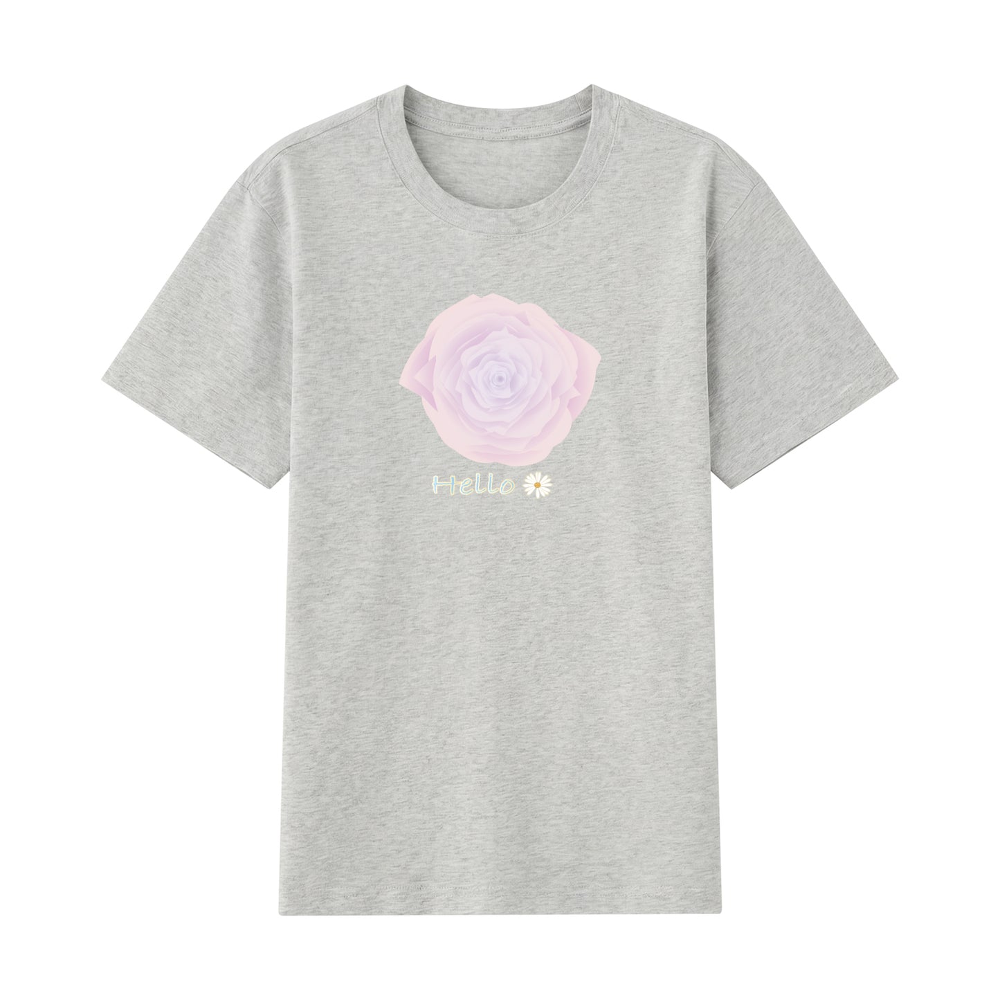 Detail view of gray t恤 featuring Blush Whisper Rose Staple Tee