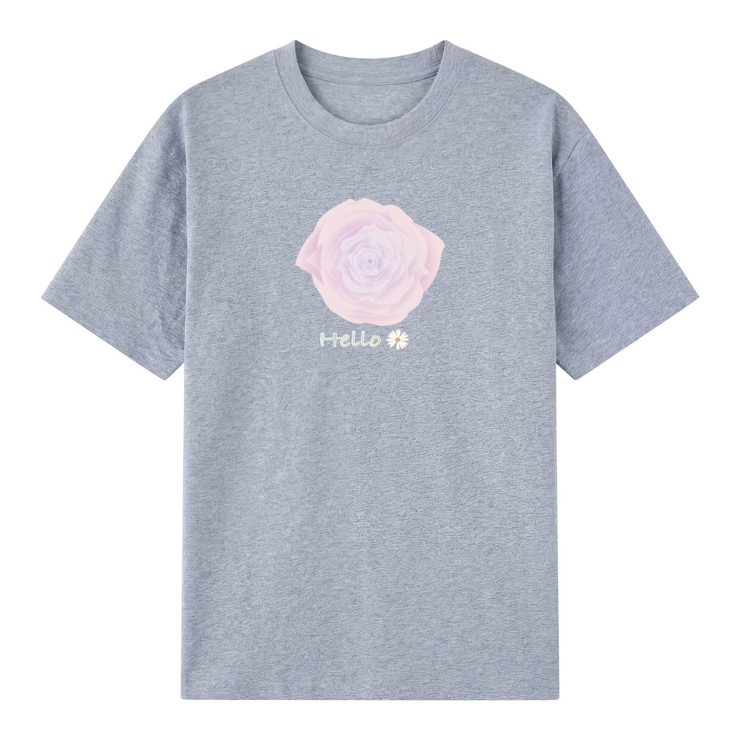Detail view of gray t恤 featuring Blush Whisper Rose Staple Tee