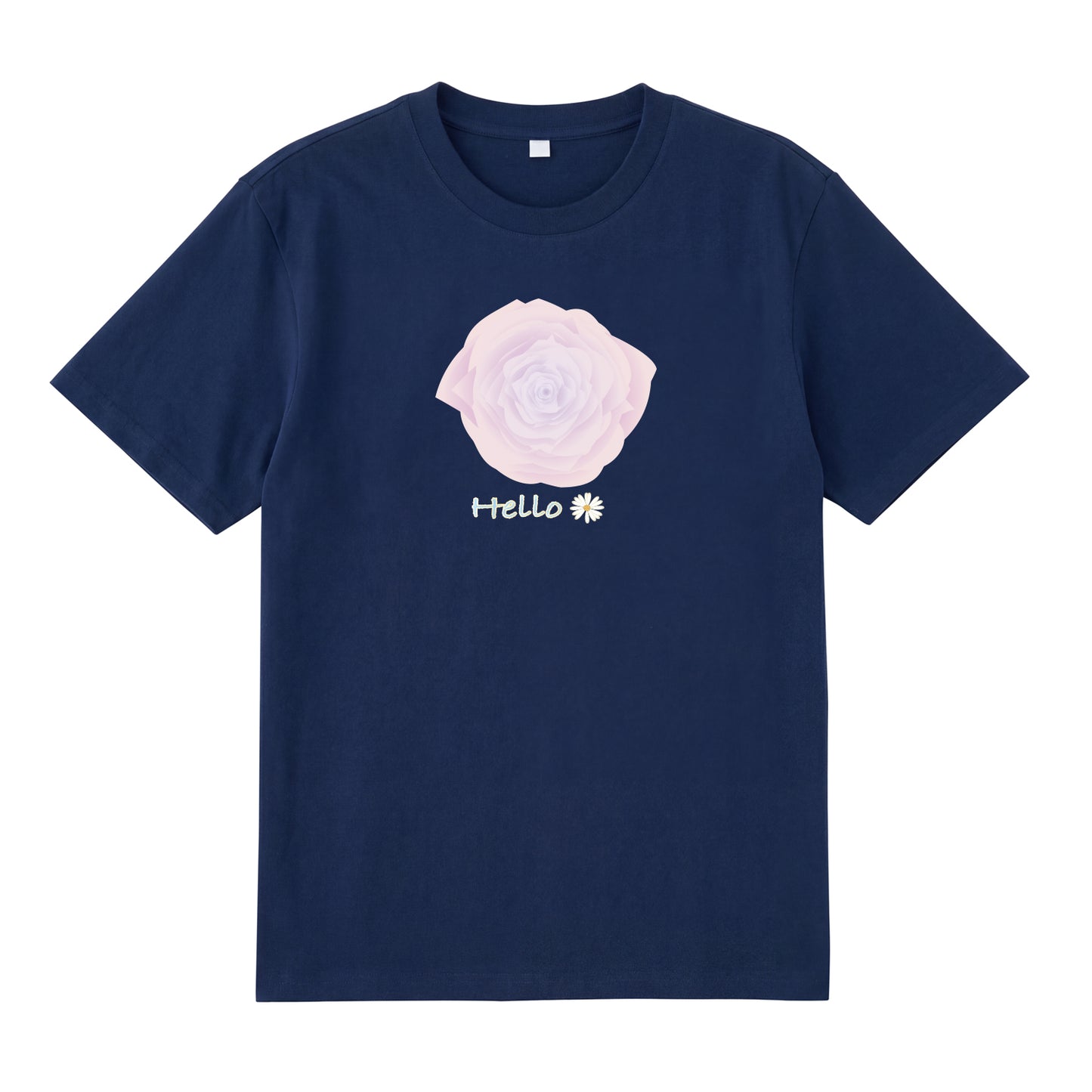 Detail view of navy t恤 featuring Blush Whisper Rose Staple Tee