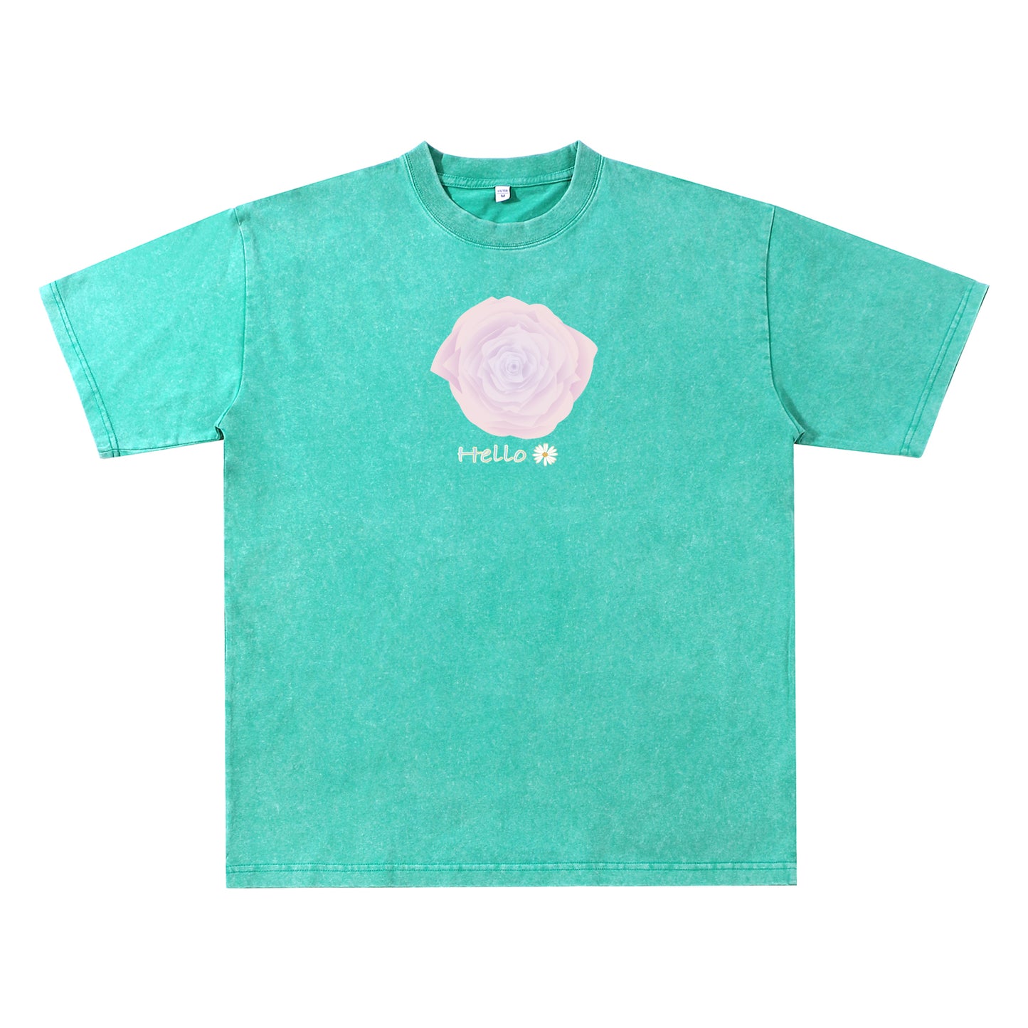 Detail view of green t恤 featuring Blush Whisper Rose Vintage Tee
