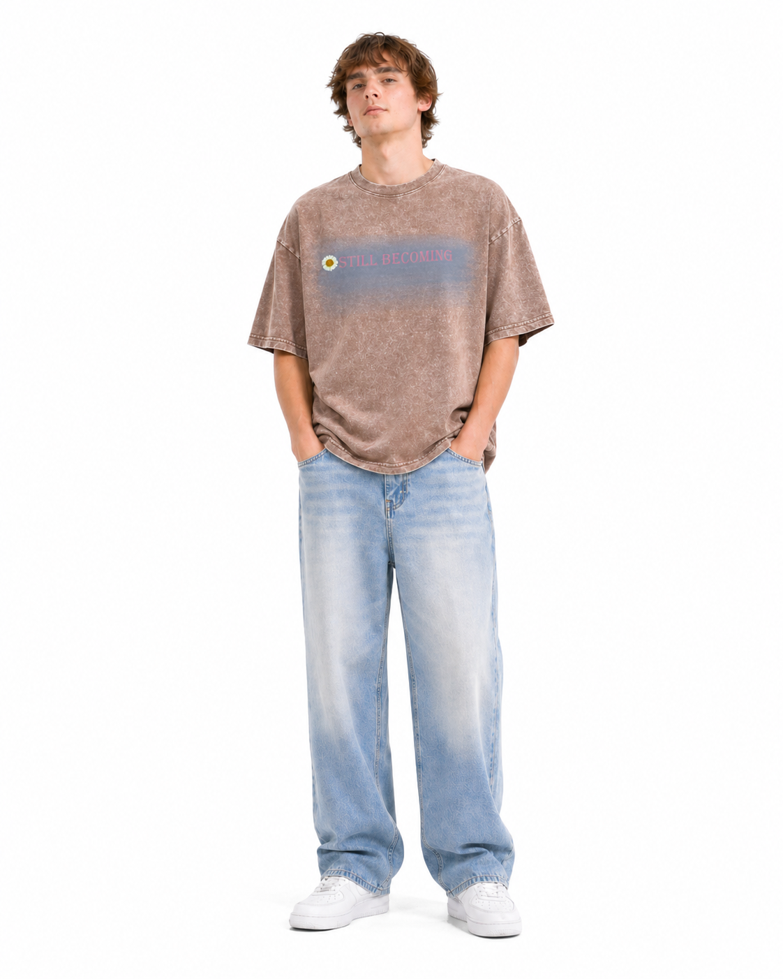 Brown ombre t-shirt with STILL BECOMING graphic, male model front view on white background