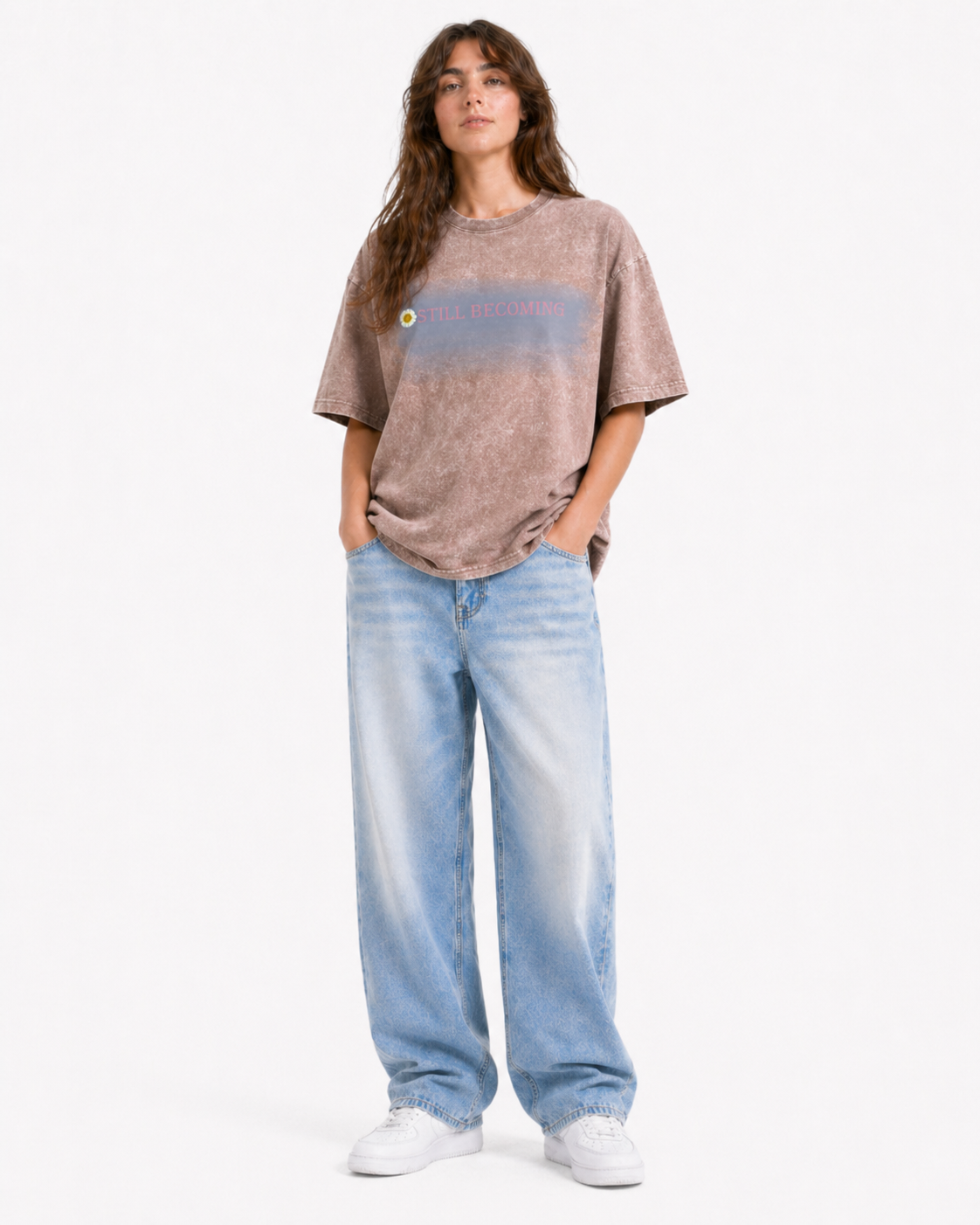 Brown ombre fade t-shirt with STILL BECOMING graphic, model front view on white background