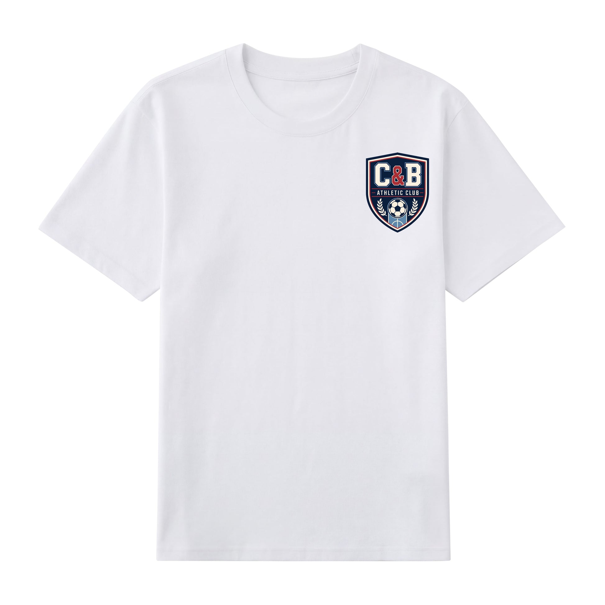Front view of white t恤 featuring C&B ATHLETIC CLUB Staple Tee