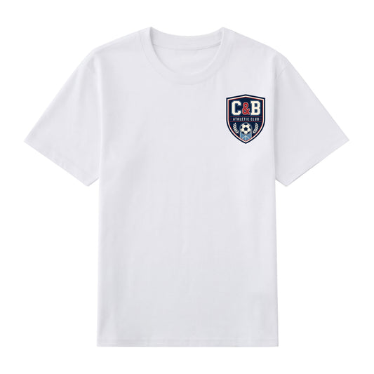 Front view of white t恤 featuring C&B ATHLETIC CLUB Staple Tee