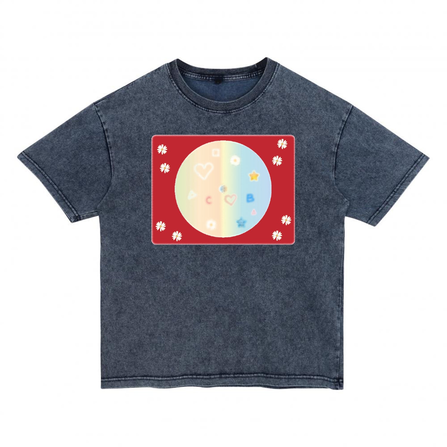 Front view of grey t恤 featuring Candy Spectrum Bloom Denim Washed Tee
