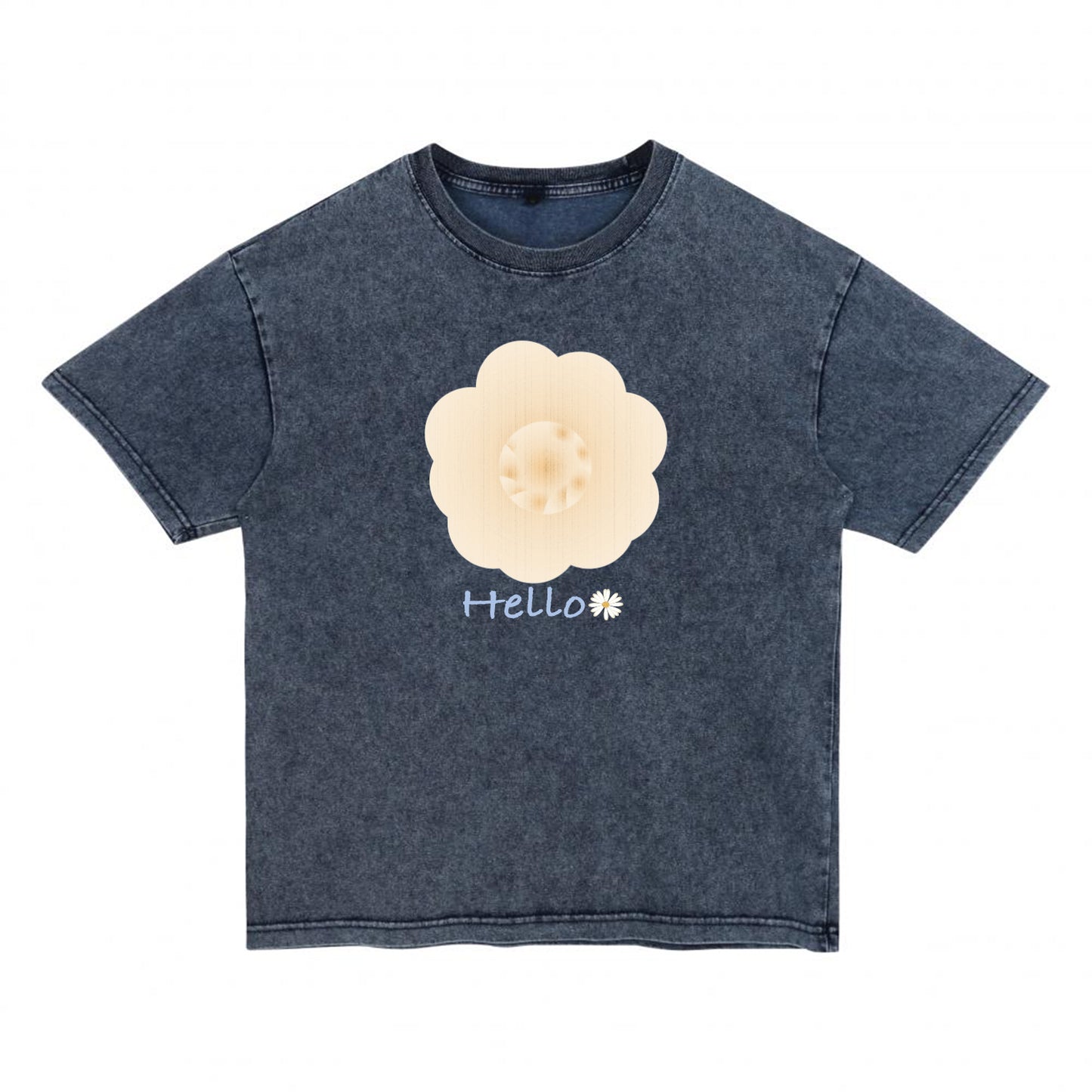 Front view of gray t恤 featuring Cream Whisper Bloom Denim Washed Tee