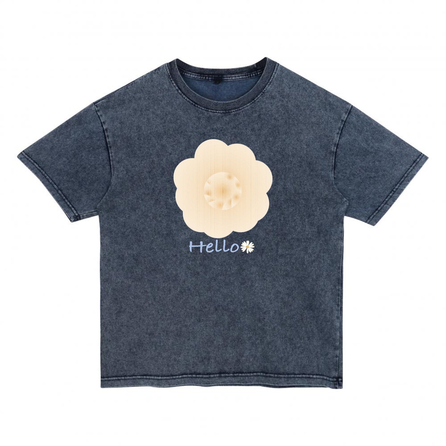 Front view of gray t恤 featuring Cream Whisper Bloom Denim Washed Tee
