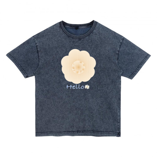 Front view of gray t恤 featuring Cream Whisper Bloom Denim Washed Tee