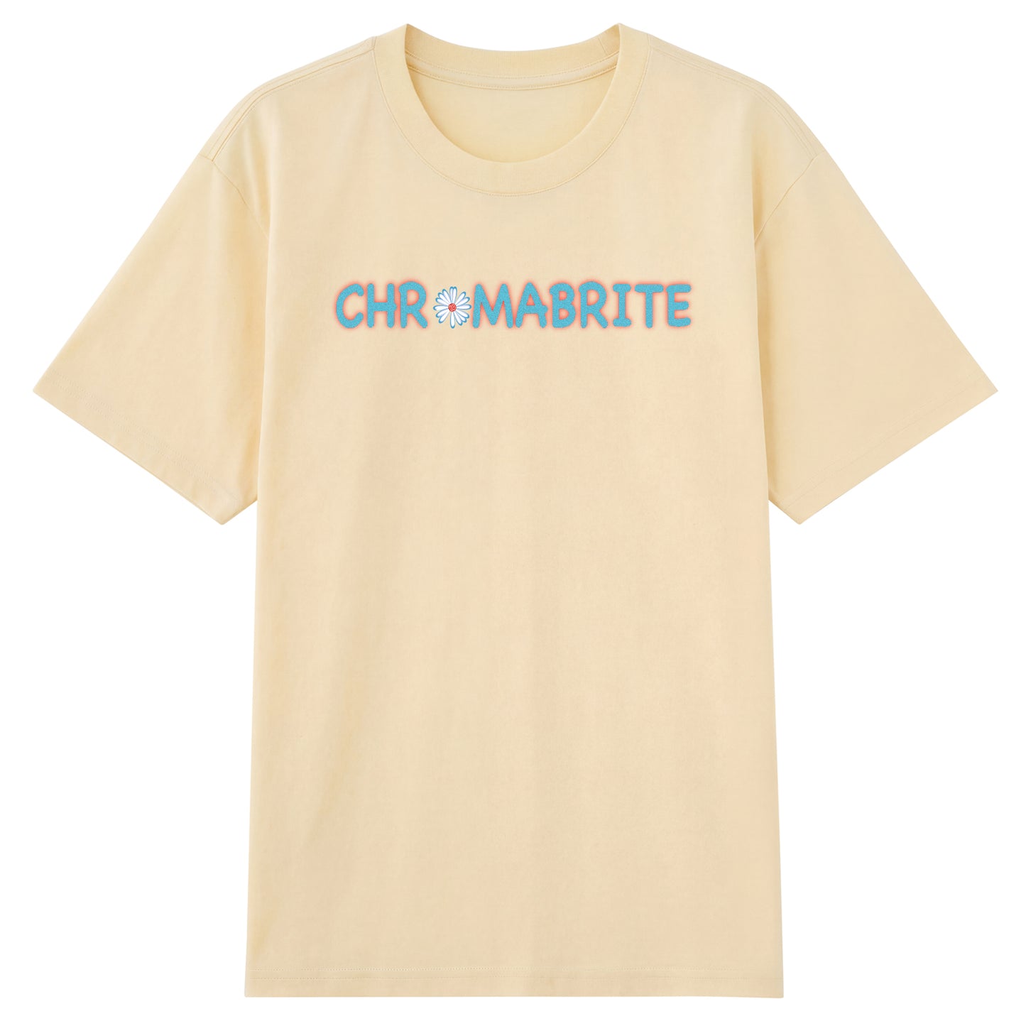 Detail view of cream t恤 featuring Daisy Interlock Wordmark Staple Tee